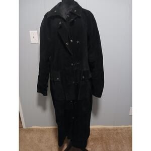 Wilsons Leather Trench Coat SZ L Black Suede Leather EX Cond Cowboy 90s Western